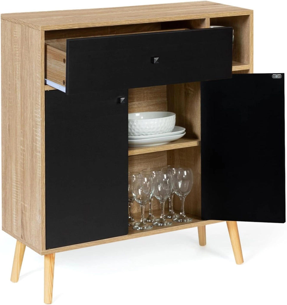 Libreria scandinavo in legno e nero con armadio e cassetto EMMIE