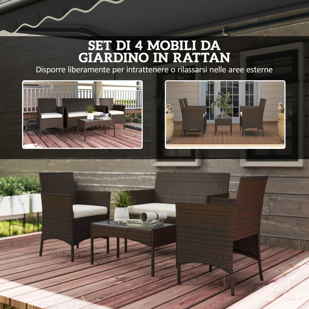 Set da Giardino 4 Pezzi con Divano 2 Sedie e Tavolino Basso con Piano in Vetro in Rattan Beige e Marrone
