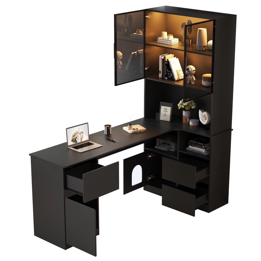 Scrivania ad angolo 120×80×180 cm con libreria integrata e vetrina LED, 3 cassetti, 2 ante, nero