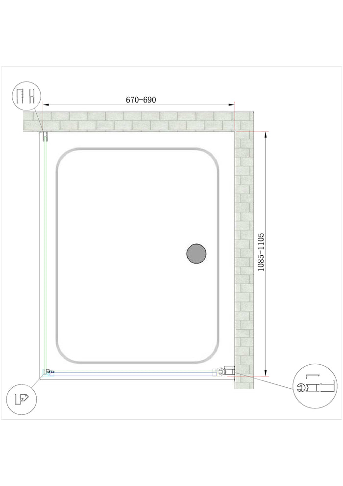 Box Doccia Battente e Parete Fissa Laterale Vetro Temperato 8 mm Easy-clean Reversibile PORTA 67-69 + FISSA 108,5-110,5