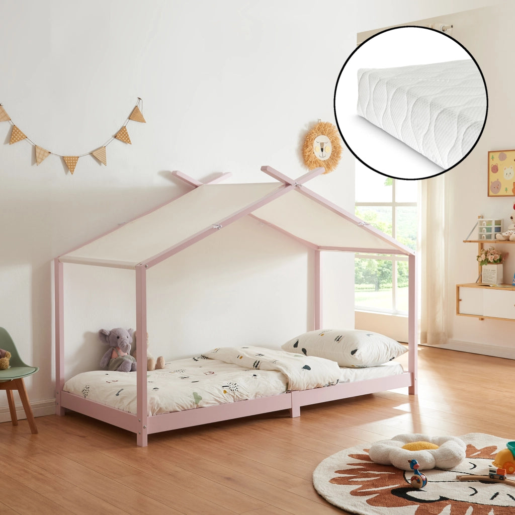 Letto Brome per Cameretta a Forma di Casetta e Materasso 90x200 cm Legno di Pino - Rosa [en.casa]