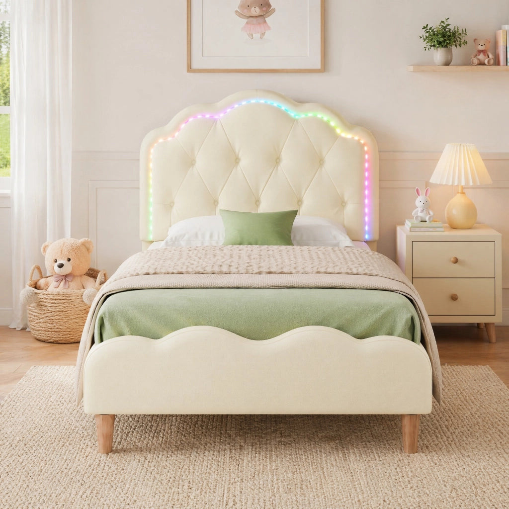 Letto singolo imbottito beige 90x200 cm con LED multicolore e testiera ondulata