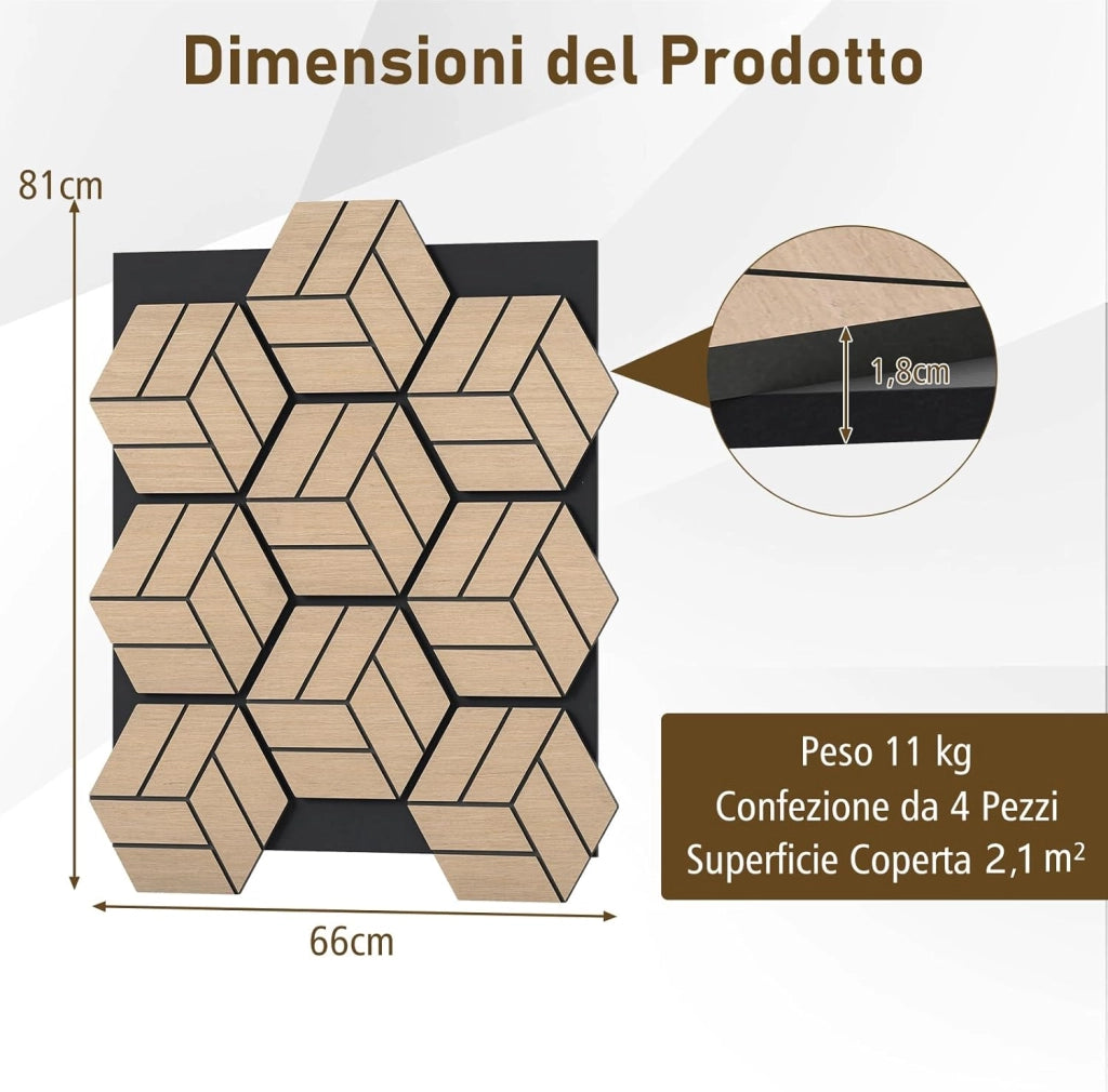 Set di 4 Pannelli Fonoassorbente, Pannelli Acustici per Pareti, 81x 66 cm, 9 Tavoletta Esagonali in Legno, per Riduzione del Rumore, Decorazione Interna, 2,1 m²