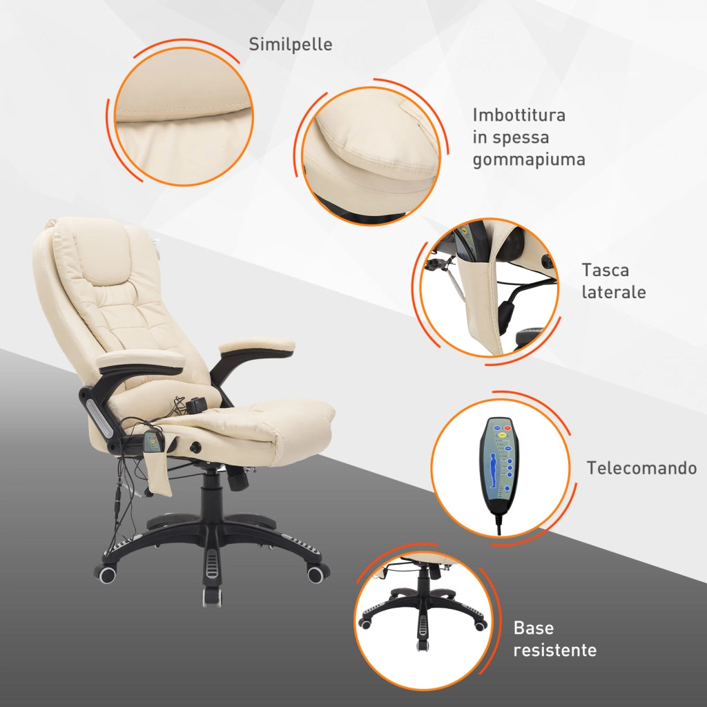 EasyComfort Poltrona Massaggiante da Ufficio ad Altezza Regolabile con 6 Punti Massaggianti, in PU, 62x68x111-121 cm, Beige
