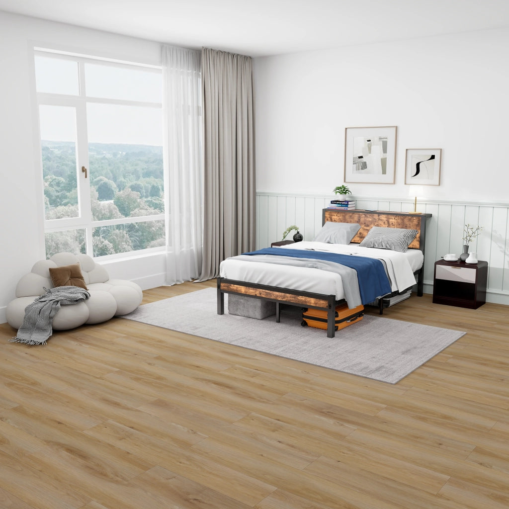 Letto singolo in metallo 120x200 con testiera contenitore; marrone vintage; senza boxspring