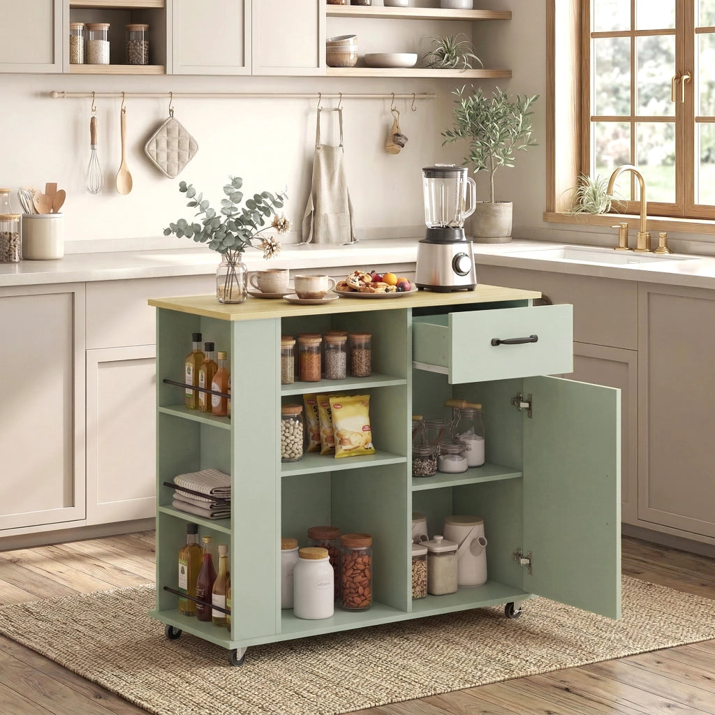 Mobile Cucina con Cassetto, Armadietto e Ripiano Regolabile, Verde Chiaro
