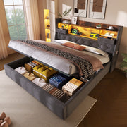 Letto contenitore 160x200 con LED, USB e testiera con ripiani grigio