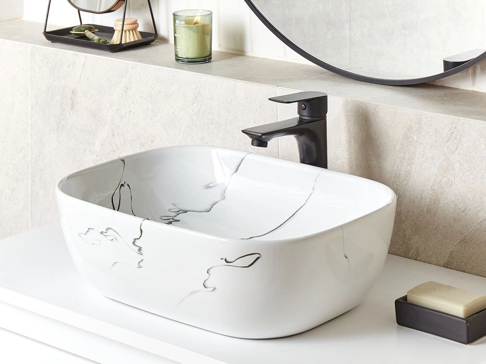 Lavabo da appoggio in ceramica bianca effetto marmo 470 x 340 mm Lavabo da bagno rettangolare stile Glam