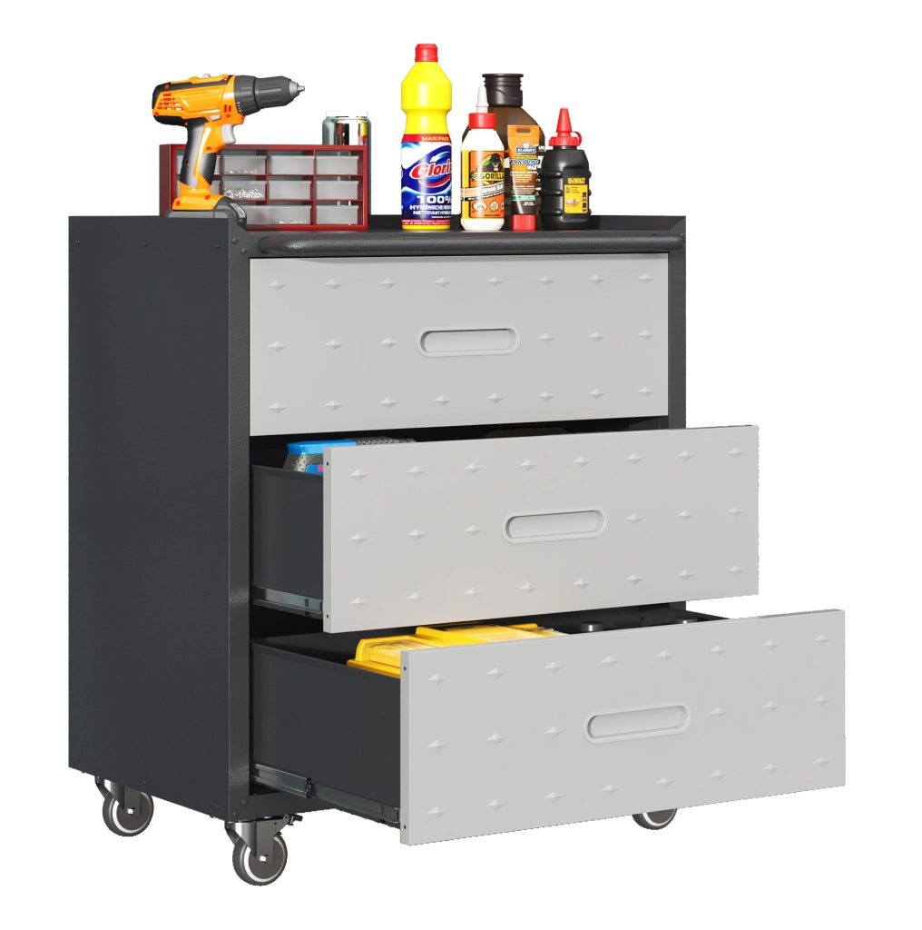Cassettiera portautensili in metallo con ruote 75x42x88 cm a 3 cassetti nero/grigio