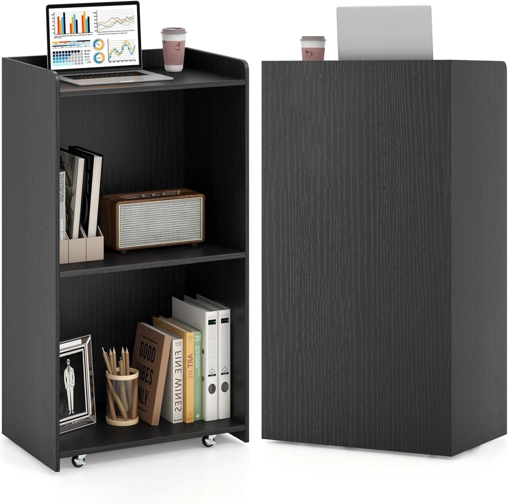 COSTWAY Podio per Conferenza, Leggio in Legno Massello con 2 Ripiani e Ruote Universali e Bloccabili, Podio in Piedi per Chiesa, Ufficio e Scuola, 57,5 x 37 x 105 cm (Bianco)