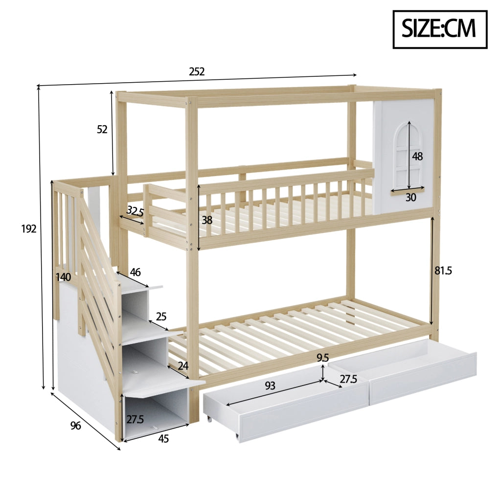 LETTO A CASTELLO 90x200 cm Legno naturale con scala e cassetti
