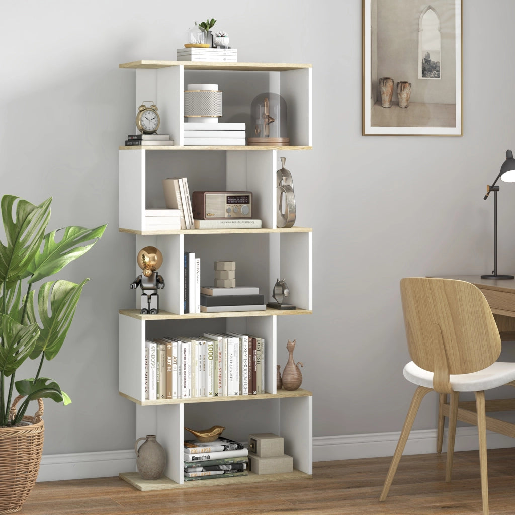 Libreria Stile Nordica con 5 Ripiani Antivuelco ¨C zephmum ¨C Roble e Bianco 70x29.5x163 cm