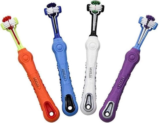 Set di 4 borsette per la cura dei denti dei cani e gatti con tre facce per rimuovere tartaro e placca.