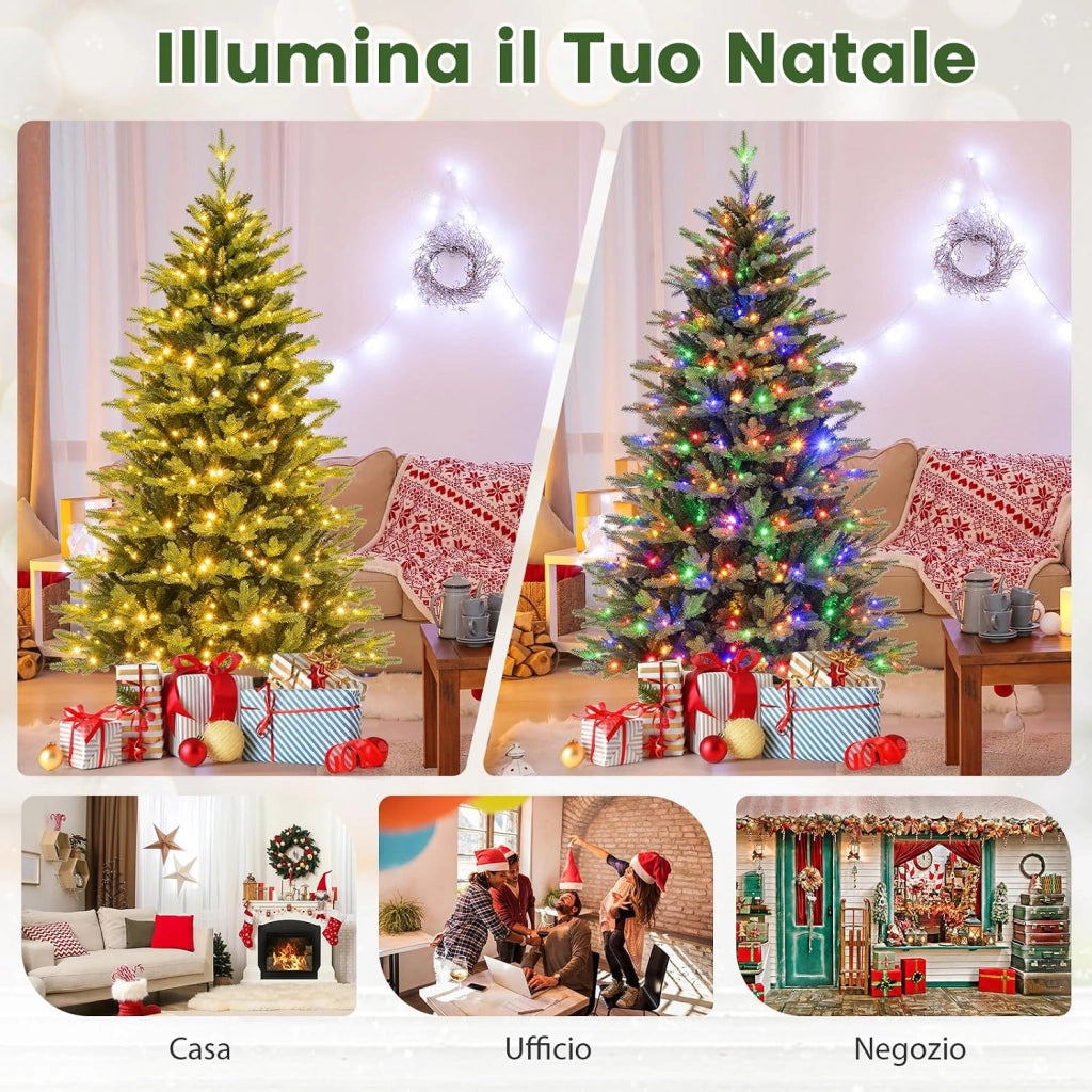 Albero di Natale 150/180/210 cm, Albero di Natale Pre-illuminato on Cerniera con 250/350 /470 Luci a LED Multicolori e Bianco Caldo, 11 Modalità di Illuminazione, 844/1168/1646 Rami (180 CM)