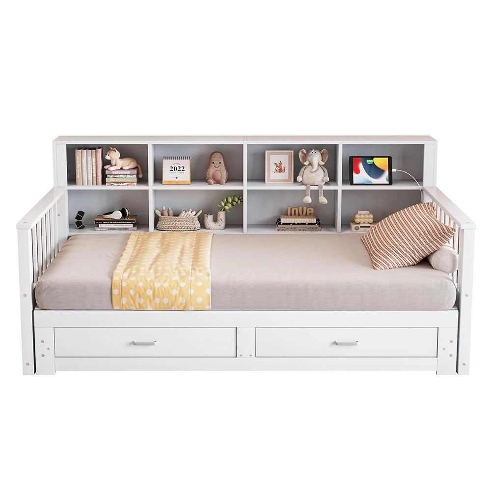 Divano letto pino 90/180x190cm - Xylo - bianco, carica USB, cassetti