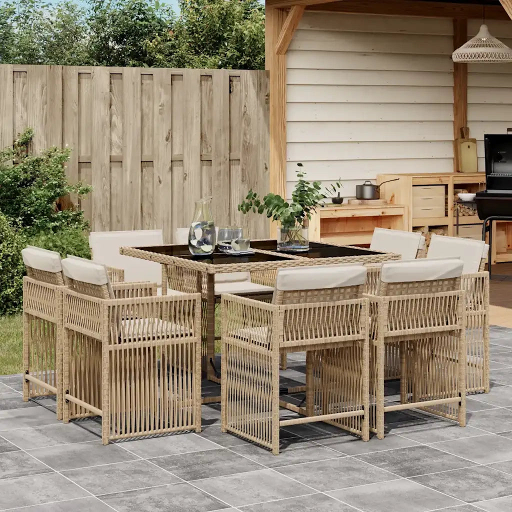 Set da Pranzo da Giardino 9 pz con Cuscini Beige in Polyrattan
