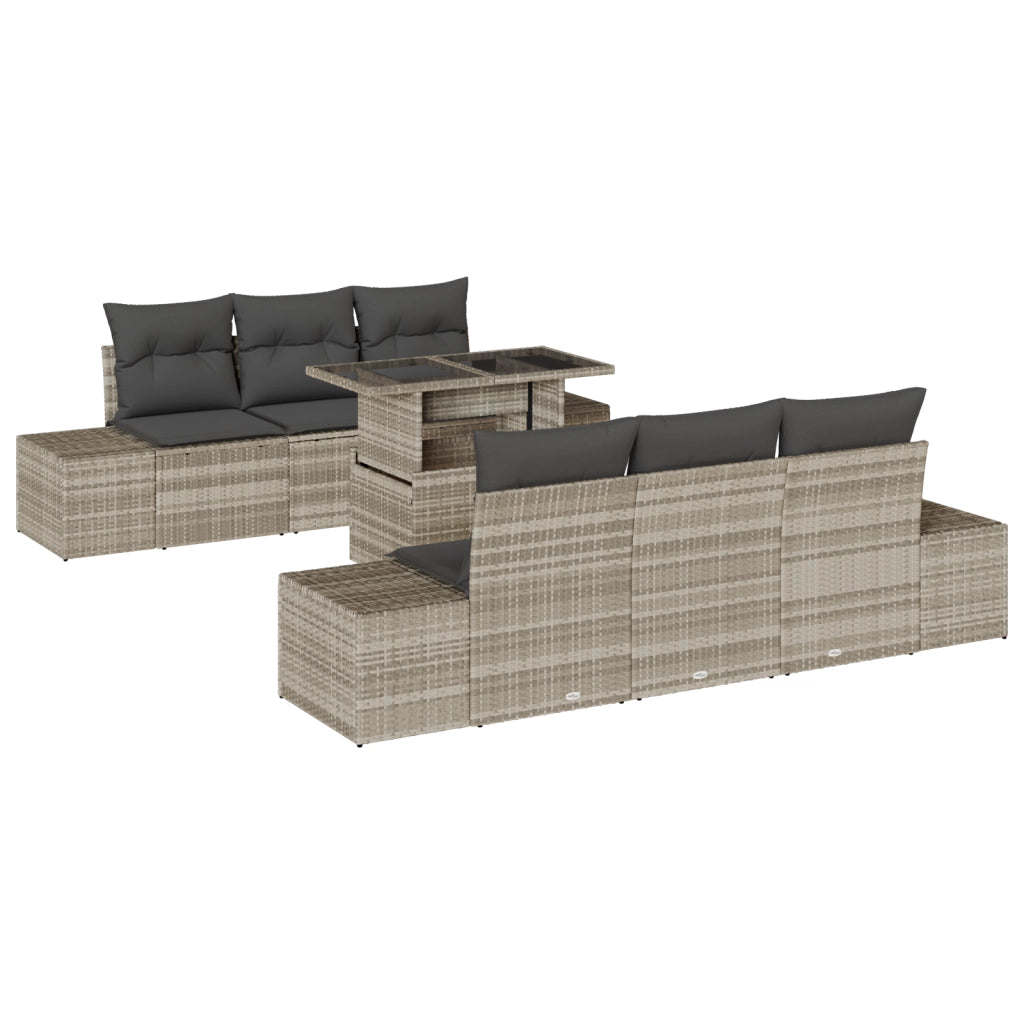 Set divano da giardino 7 pezzi con cuscini grigio chiaro in polirattan