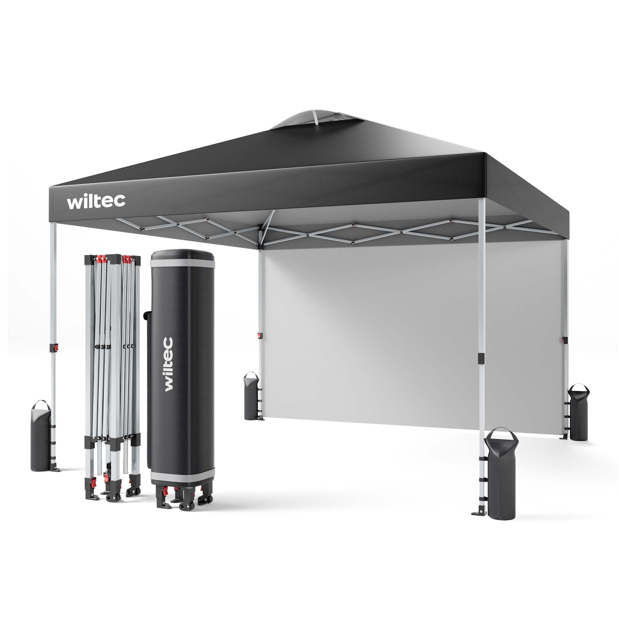 Gazebo pieghevole pop-up grigio, 3 x 3 m con parete laterale e ruote