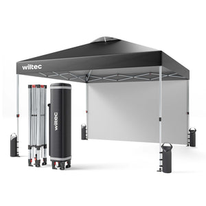 Gazebo pieghevole pop-up grigio, 3 x 3 m con parete laterale e ruote