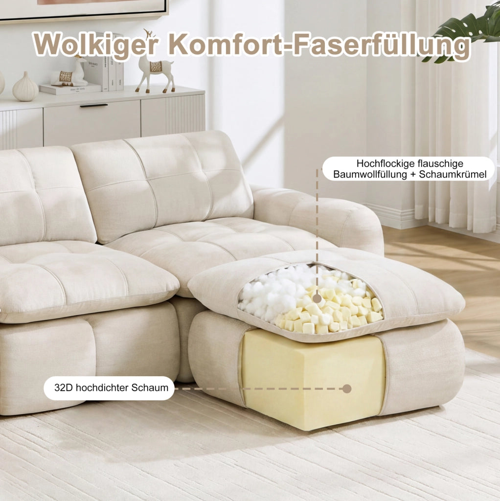 Divano modulare a U 334x160x68 cm in chenille beige; senza montaggio