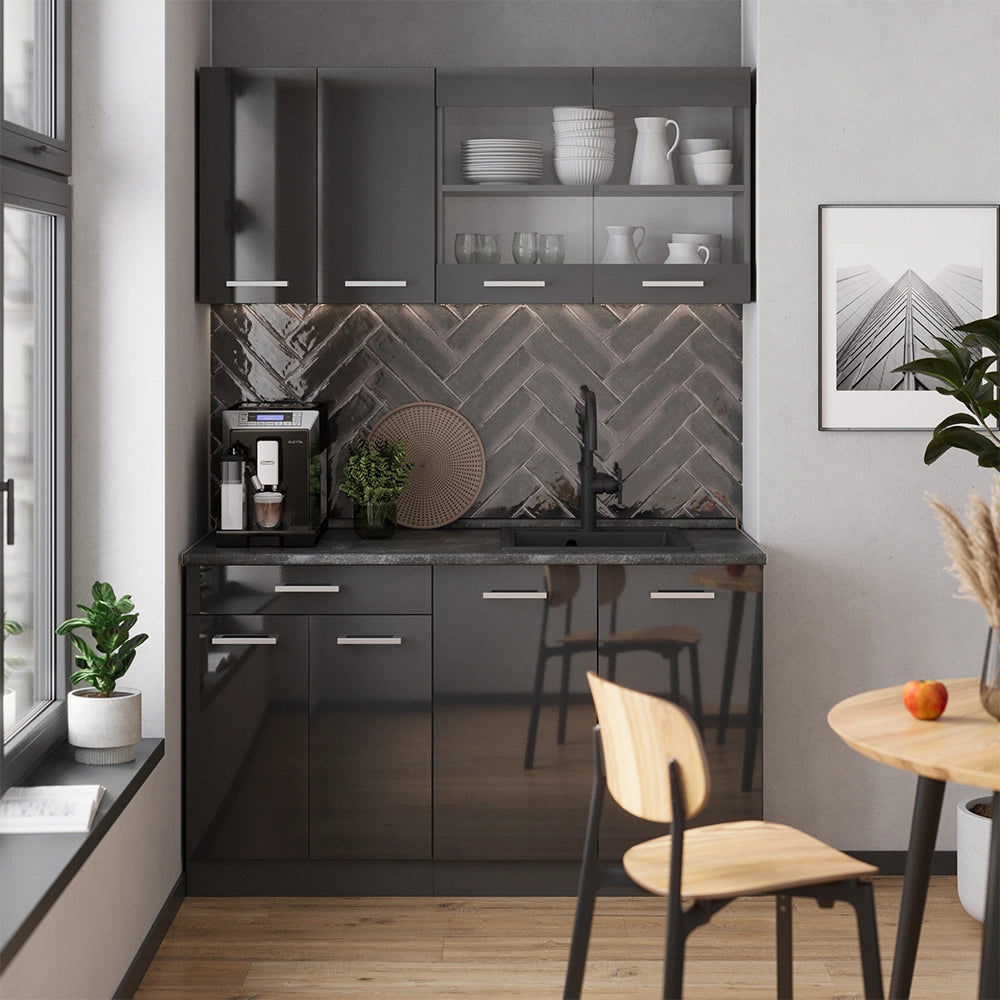 Cucina completa R-Line Antracite lucido/Antracite 140 cm senza piano di lavoro Vicco