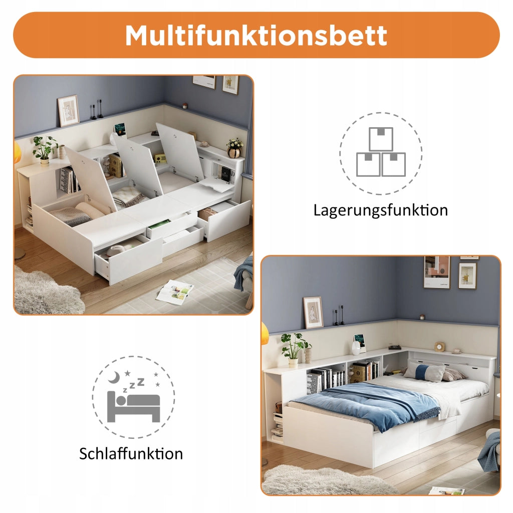 Letto a castello per bambini 90x200cm - Xylo - Bianco, con cassetti e scaffale