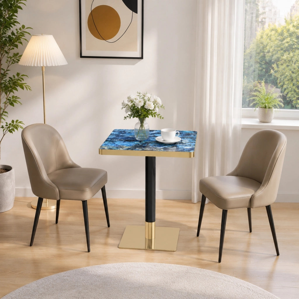 Tavolo da pranzo quadrato in MDF effetto marmo con struttura in metallo, per 2-4 persone, blu, 60 × 60 × 74 cm