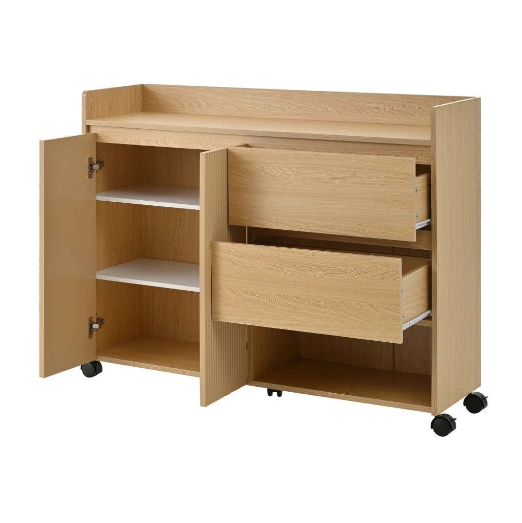 Scarpiera mobile in MDF naturale 110x35x86 cm con ruote frenanti e cassetti