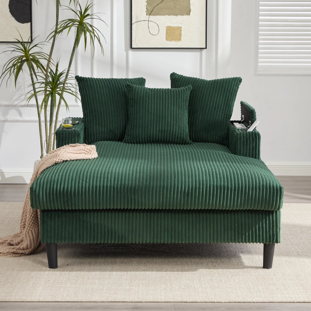 Chaise longue in velluto a coste verde smeraldo con LED e USB