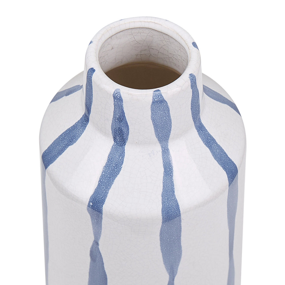Vaso per fiori decorativo in gres porcellanato effetto craquelé bianco con strisce blu