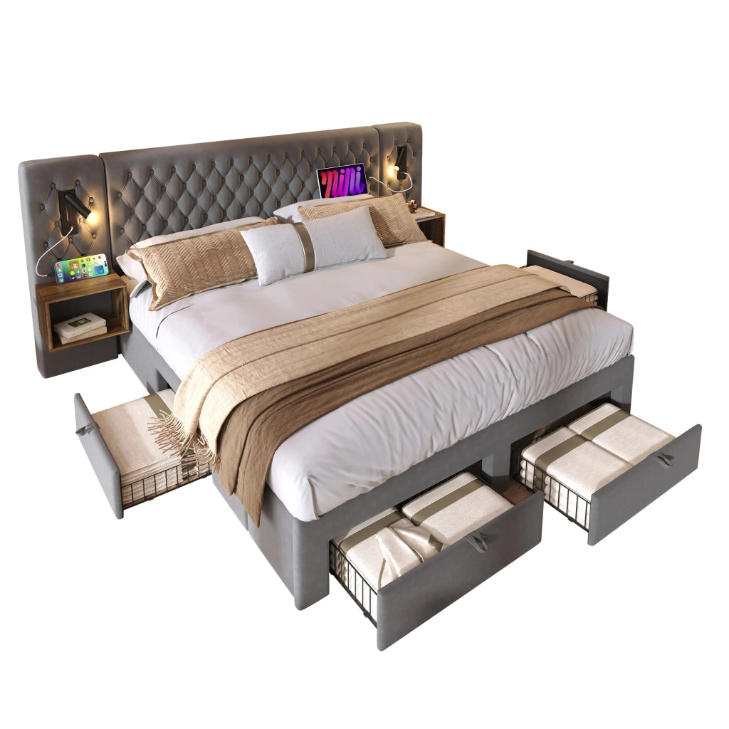 OKWISH Letto Combinato 160×200 cm, Letto Matrimoniale con 4 Cassetti, USB, Type C, Lampade da Lettura e 2 Comodini, Materasso Incluso, Grigio
