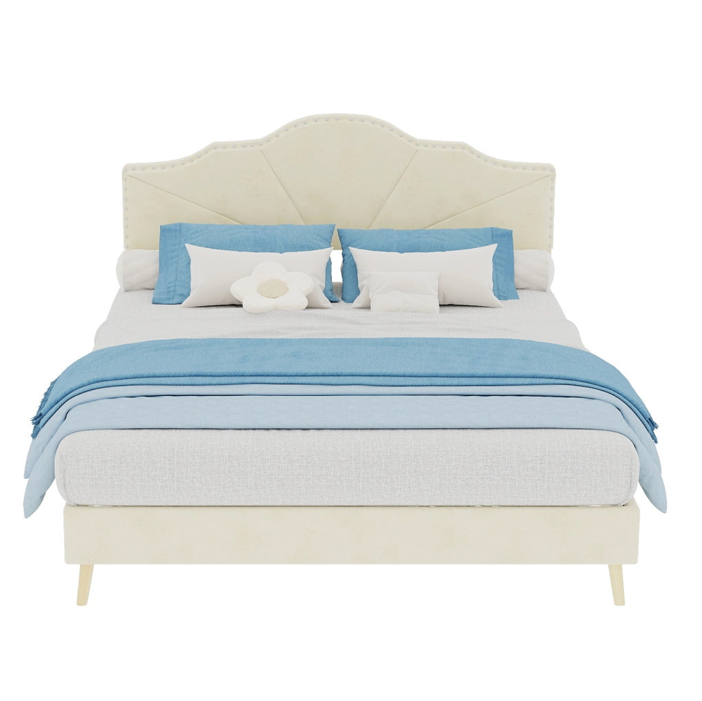 Letto 140x200 cm in tessuto beige con testiera e materasso, per camera -