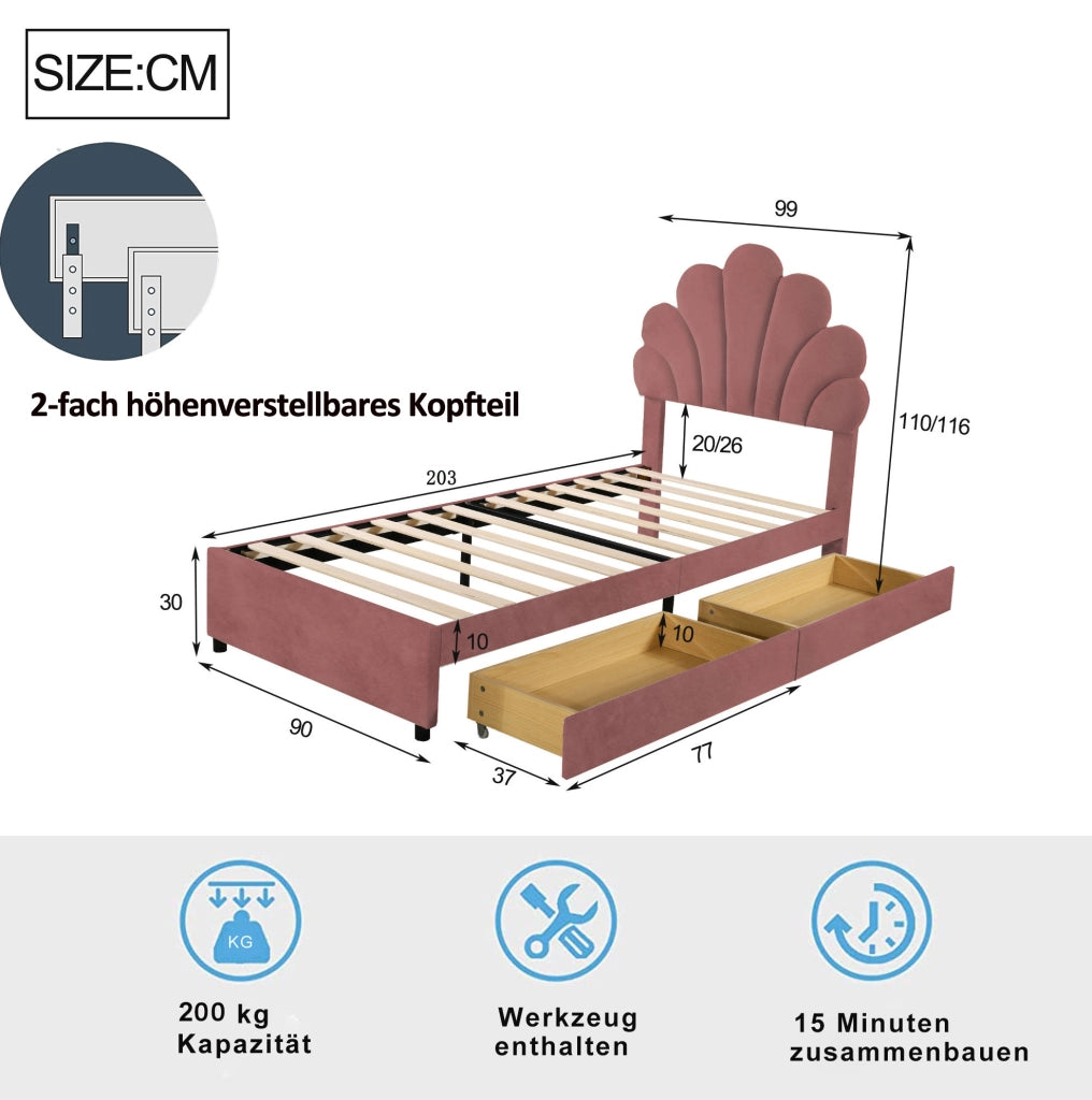 Letto imbottito per bambini 90x200 cm con 2 cassetti e rete a doghe; velluto rosa