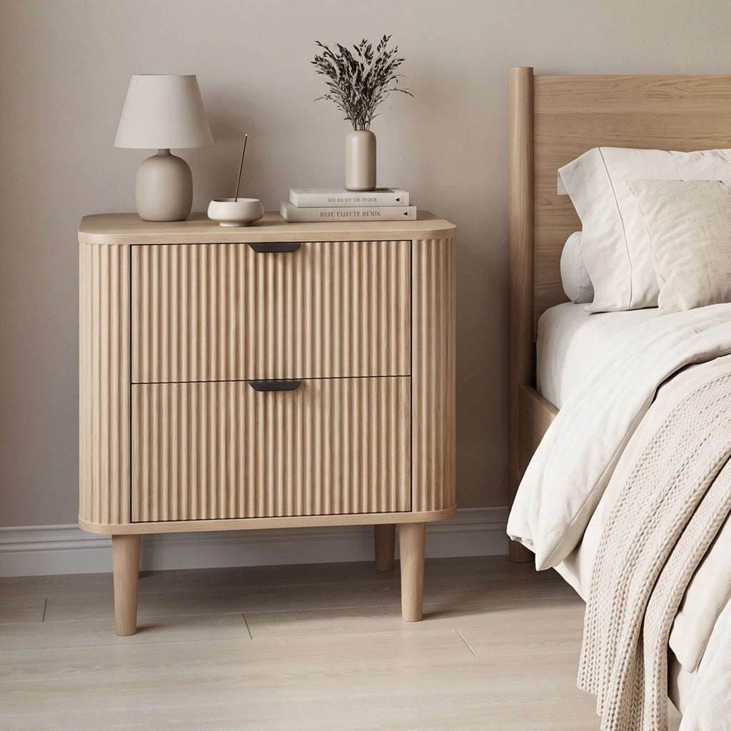 Comodino in MDF effetto rovere con 2 cassetti frontali scanalati e gambe in legno