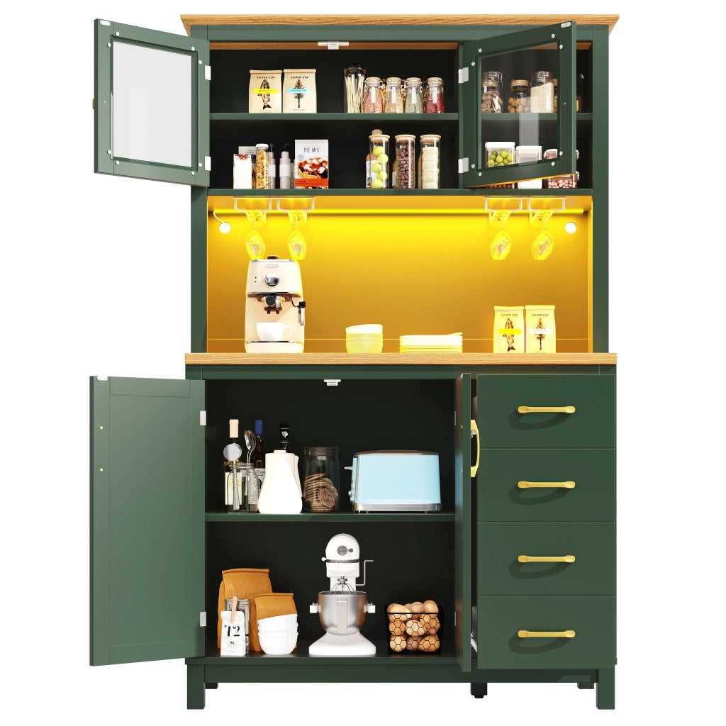 Credenza e madia con 4 ante, ripiani interni e LED, per cucina e soggiorno, in MDF verde, 105,5 × 40 × 180 cm