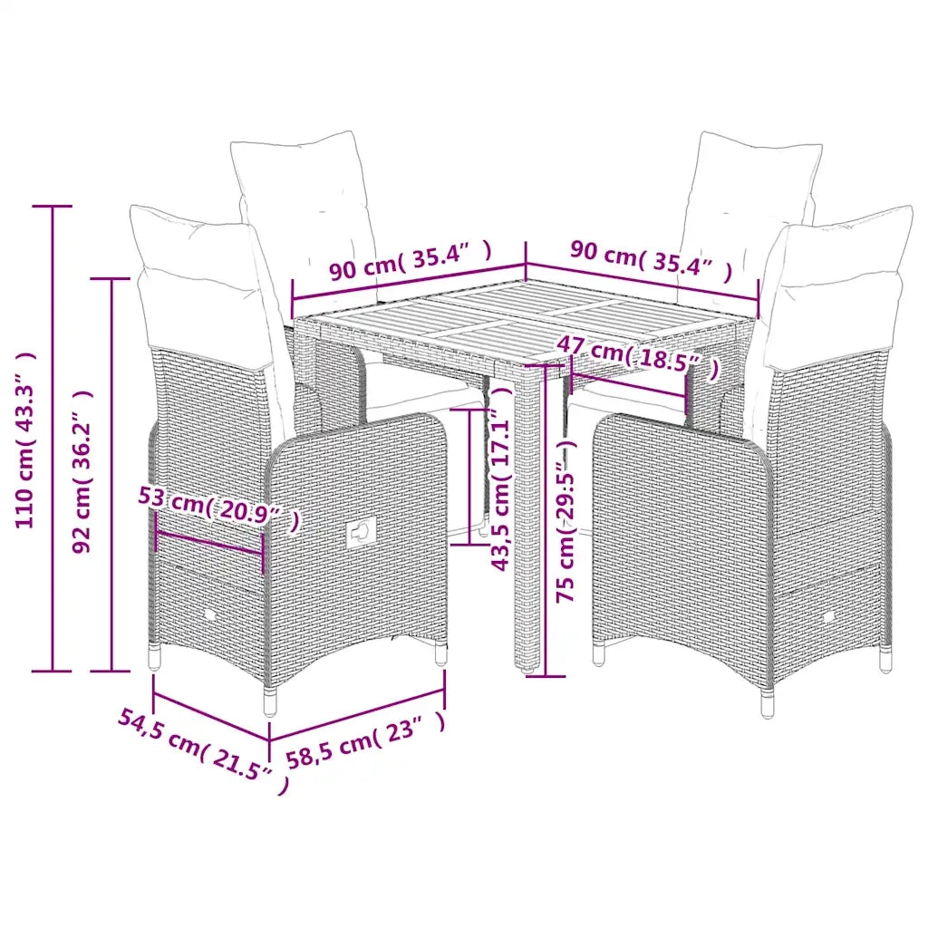 Set BistrÃ² da Giardino 5 pz con Cuscini in Polyrattan Grigio