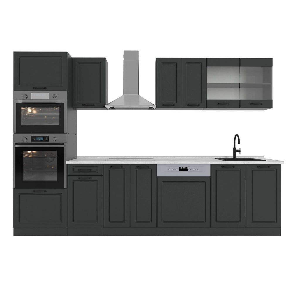 Cucina componibile R-Line Antracite rustico/Antracite 300 cm con armadio alto, PL Marmo Vicco