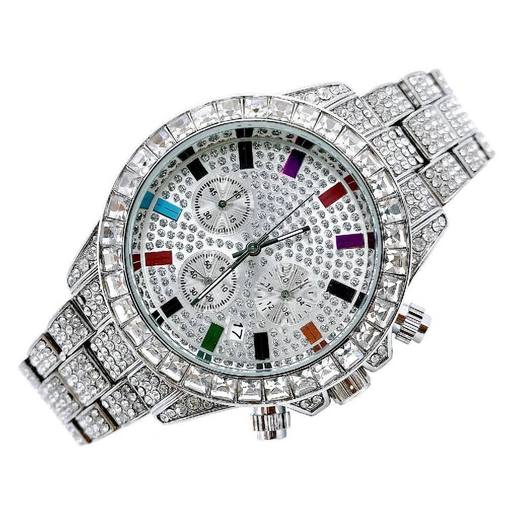 Trade Shop - Orologio Polso Uomo Donna Quarzo Acciaio Data Diamond Strass Brillantini Silver -