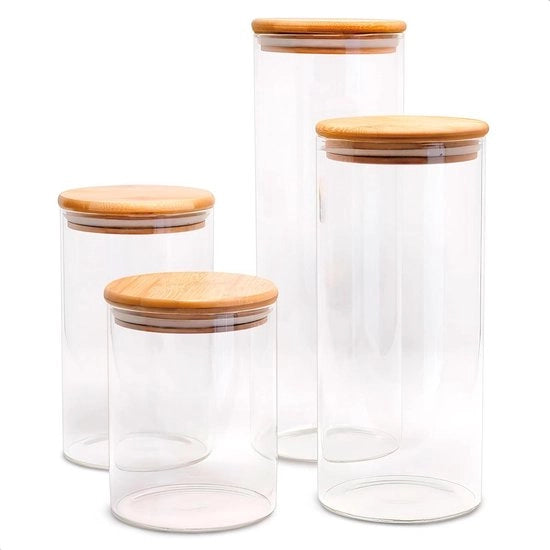 Set di conservazione a 4 contenitori in vetro 07 L + 1 L - coperchio in bambù - contenitori a chiusura ermetica per alimenti - anello in silicone - contenitore per la cucina - etichette e pennarelli