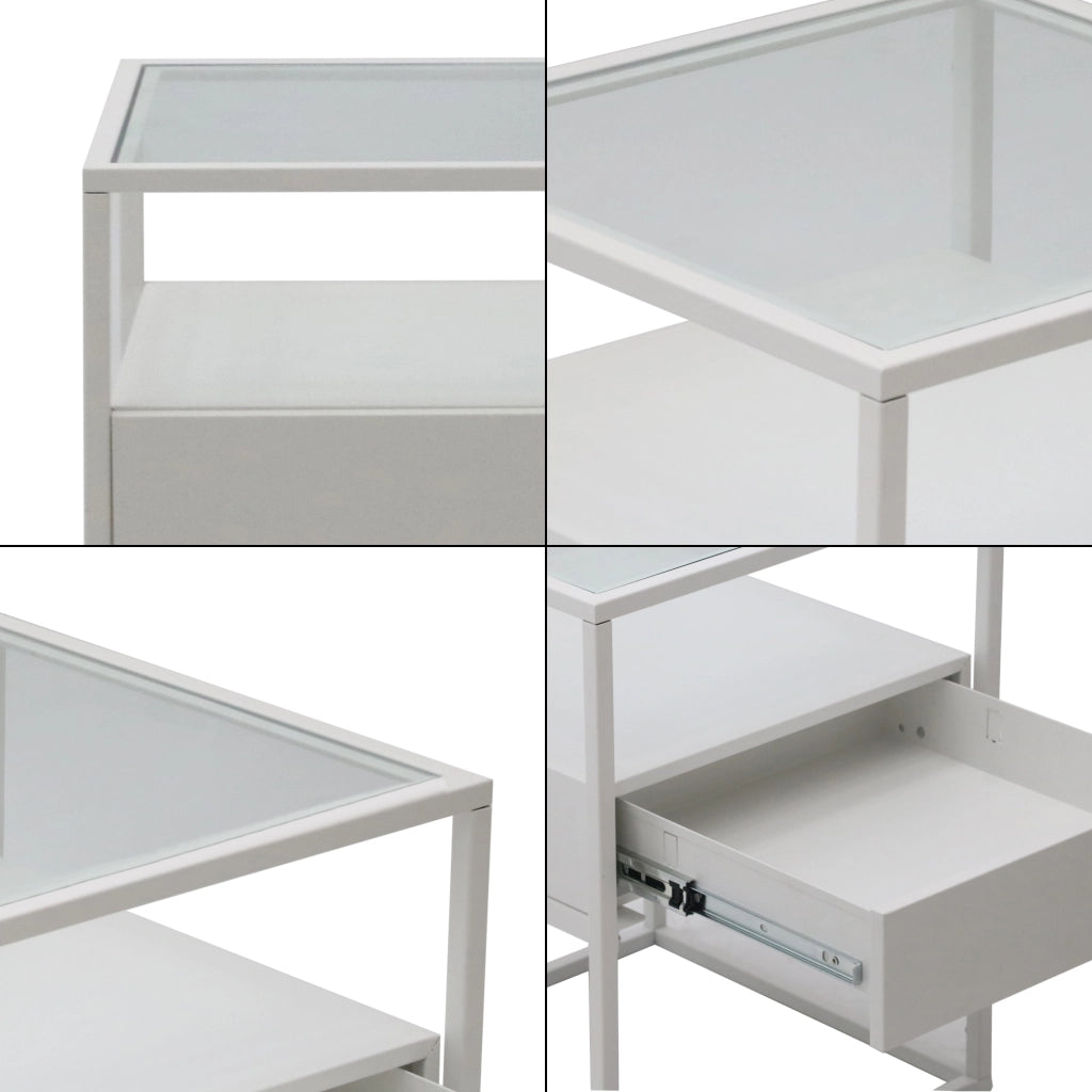 Comodino Vissenbjerg in Acciaio con Cassetto e Piano Tavolo in Vetro - Bianco Opaco [en.casa]