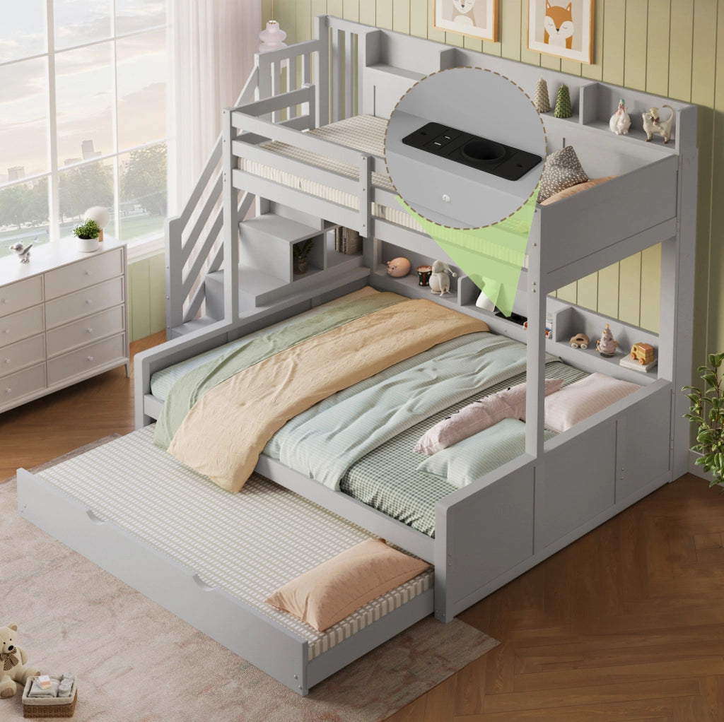 Letto a castello 90x200 e 140x200 cm con letto estraibile; scala contenitore e USB; grigio