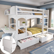 Letto a castello per bambini 90x200 cm con scrivania pieghevole, ripiani e 2 cassetti