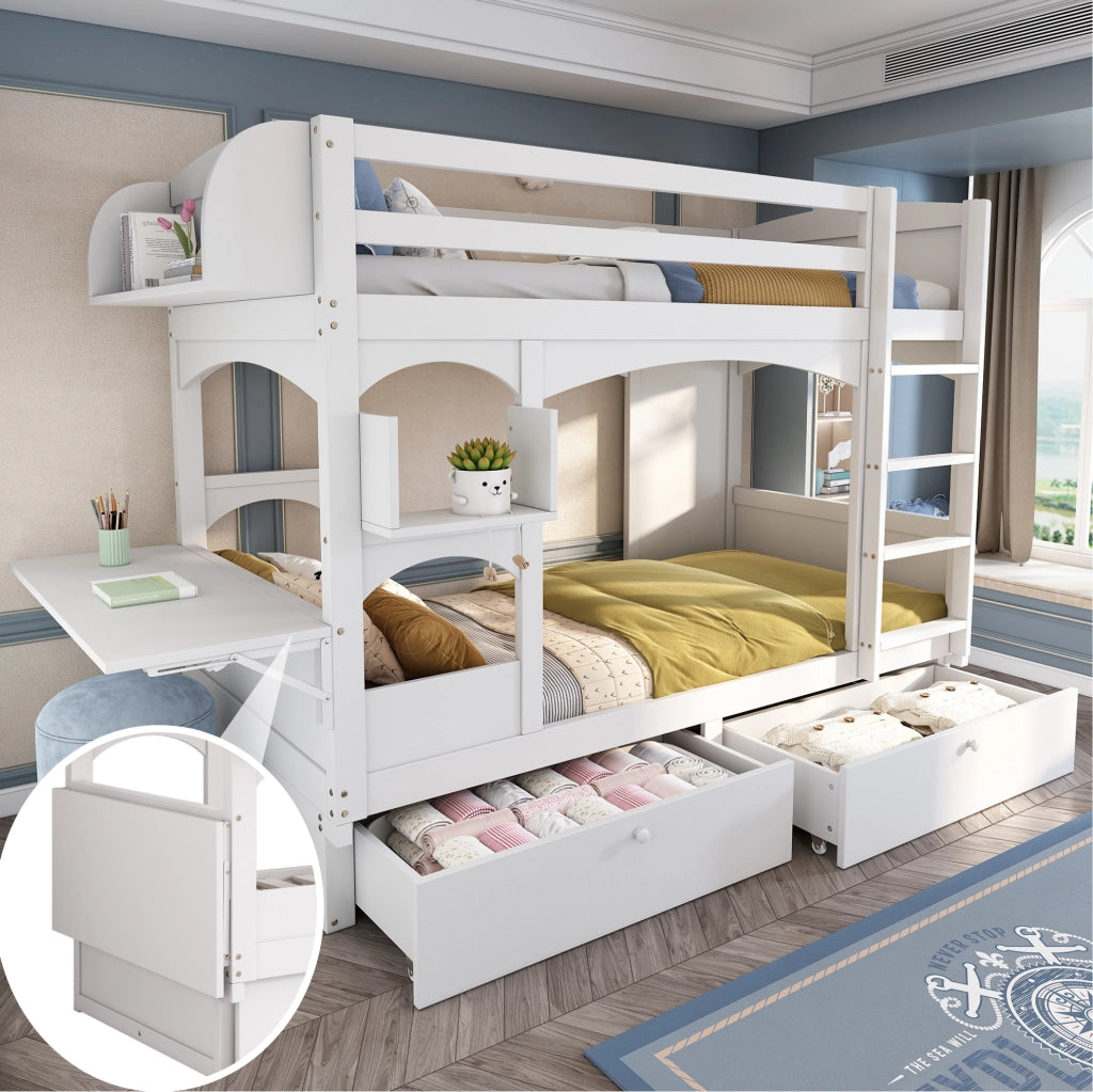 Letto a castello per bambini 90x200 cm con scrivania pieghevole, ripiani e 2 cassetti