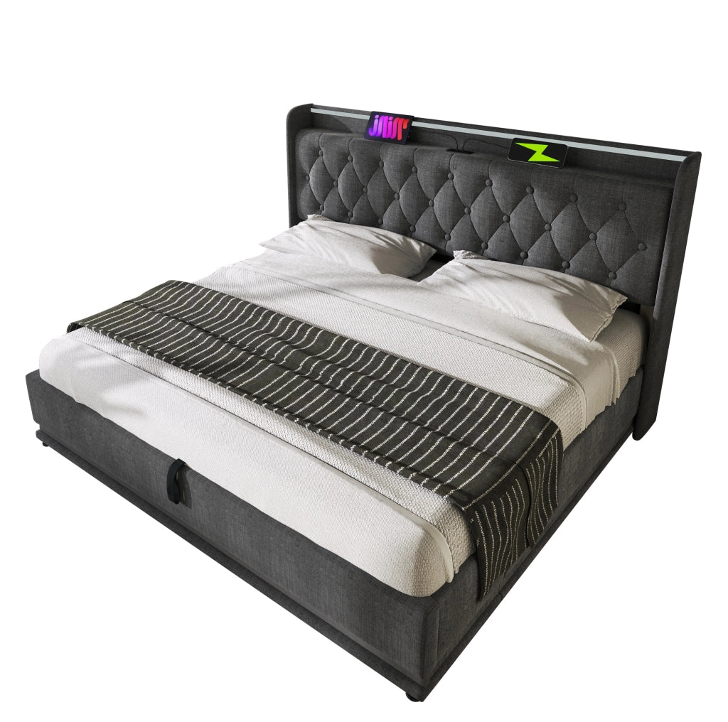 Letto imbottito 180x200 cm con LED; contenitore idraulico; USB Type-C; lino grigio
