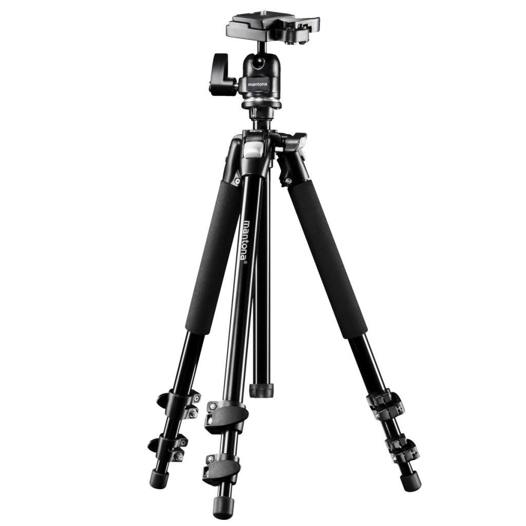 Mantona Basic Scout Max Treppiede fotografico, treppiede per fotocamera con altezza di lavoro fino a 160 cm, testa a sfera, treppiede compatto e leggero per fotocamera 19870 nero