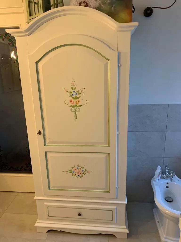 Armadio 1 porta in legno shabby bianco decorato 96x56x196 (584) - Mobili 2G