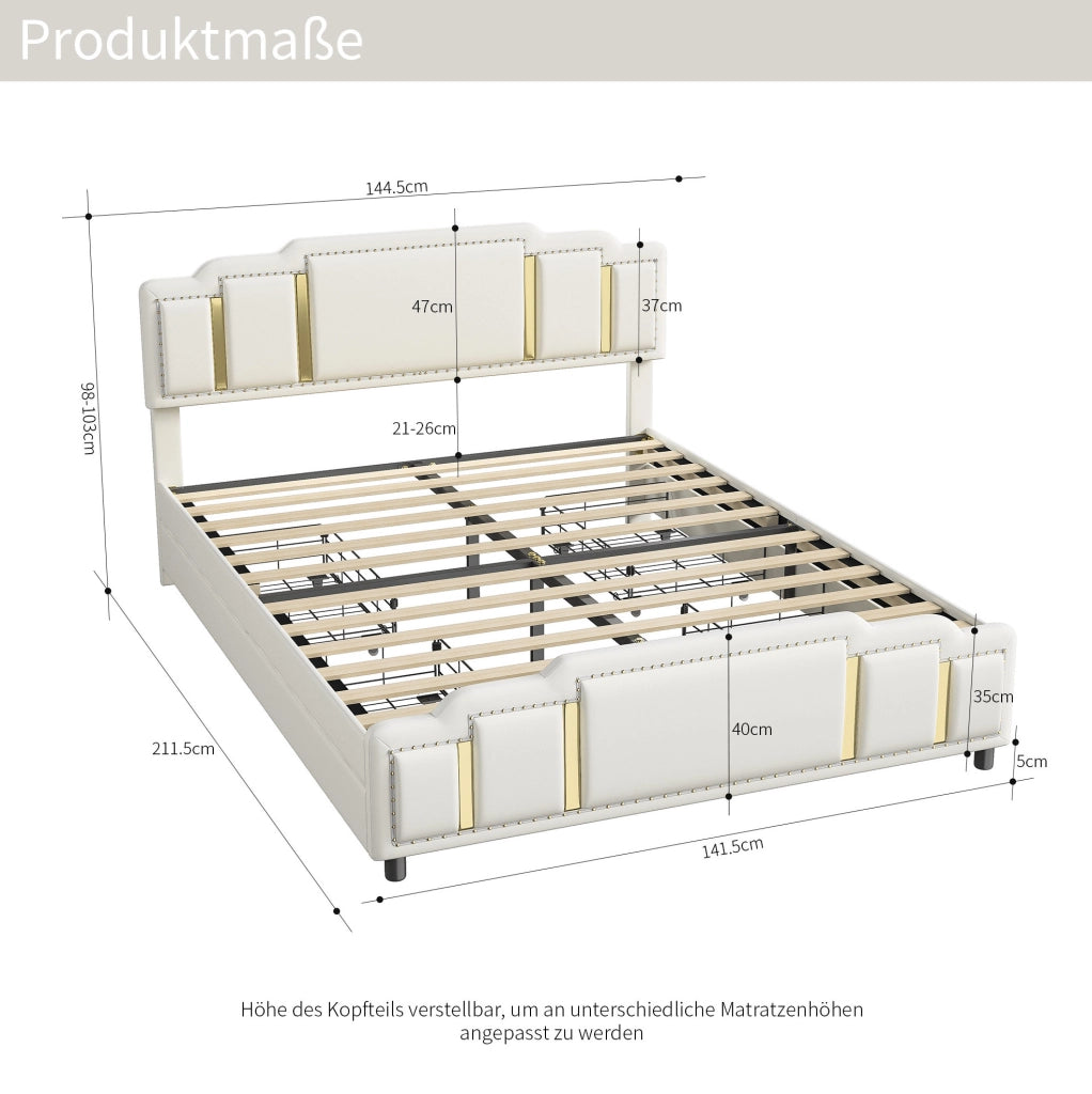 Letto imbottito 140x200 beige con LED e 4 cassetti