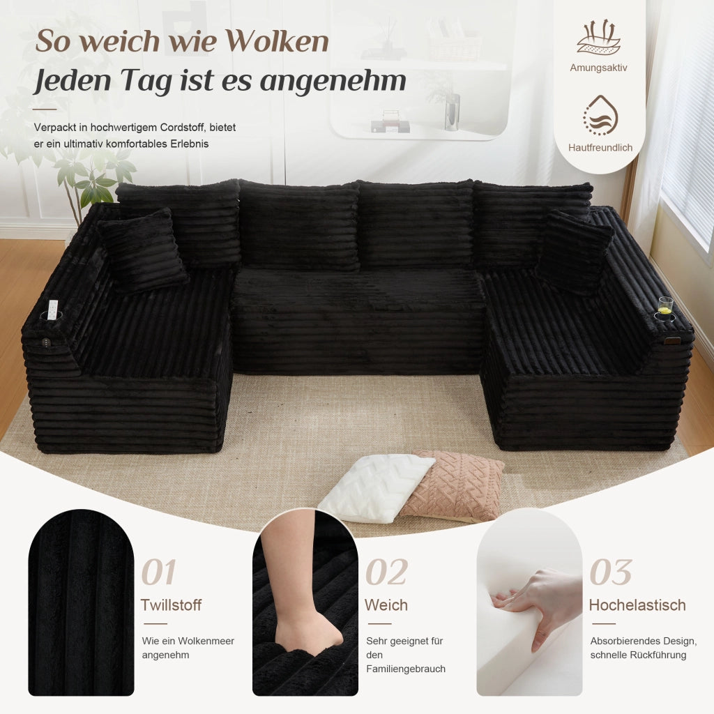 SOFA U-Forma 320x155x88 cm in Corduroy Nero