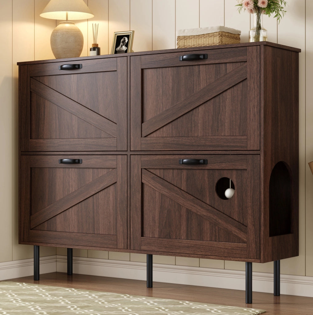 Scarpiera con 4 ante e 3 ribalte; 120x28x92 cm; truciolare effetto noce naturale