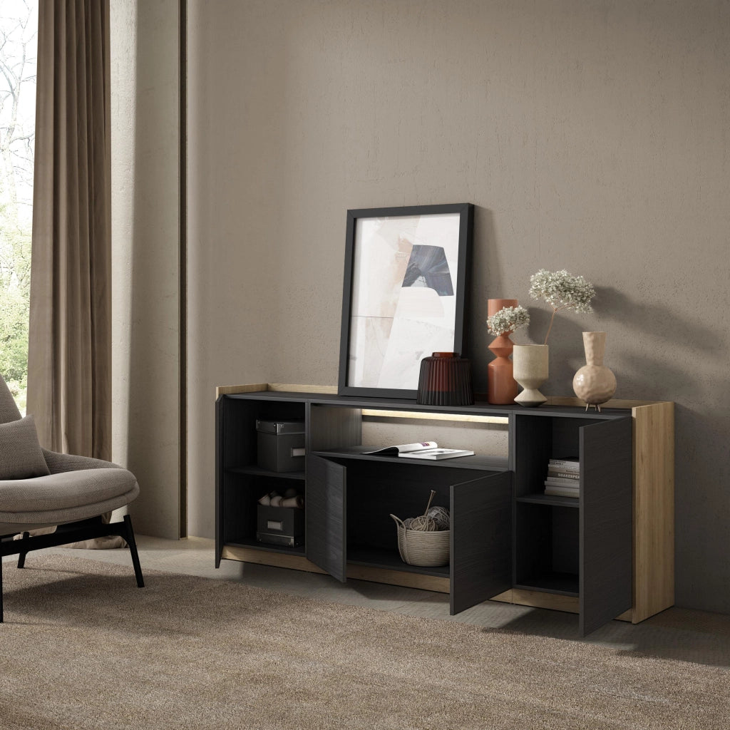 Credenza, Mobile, Cucina, 207x80x37 cm, 4 Porte, LED, Nero e rovere